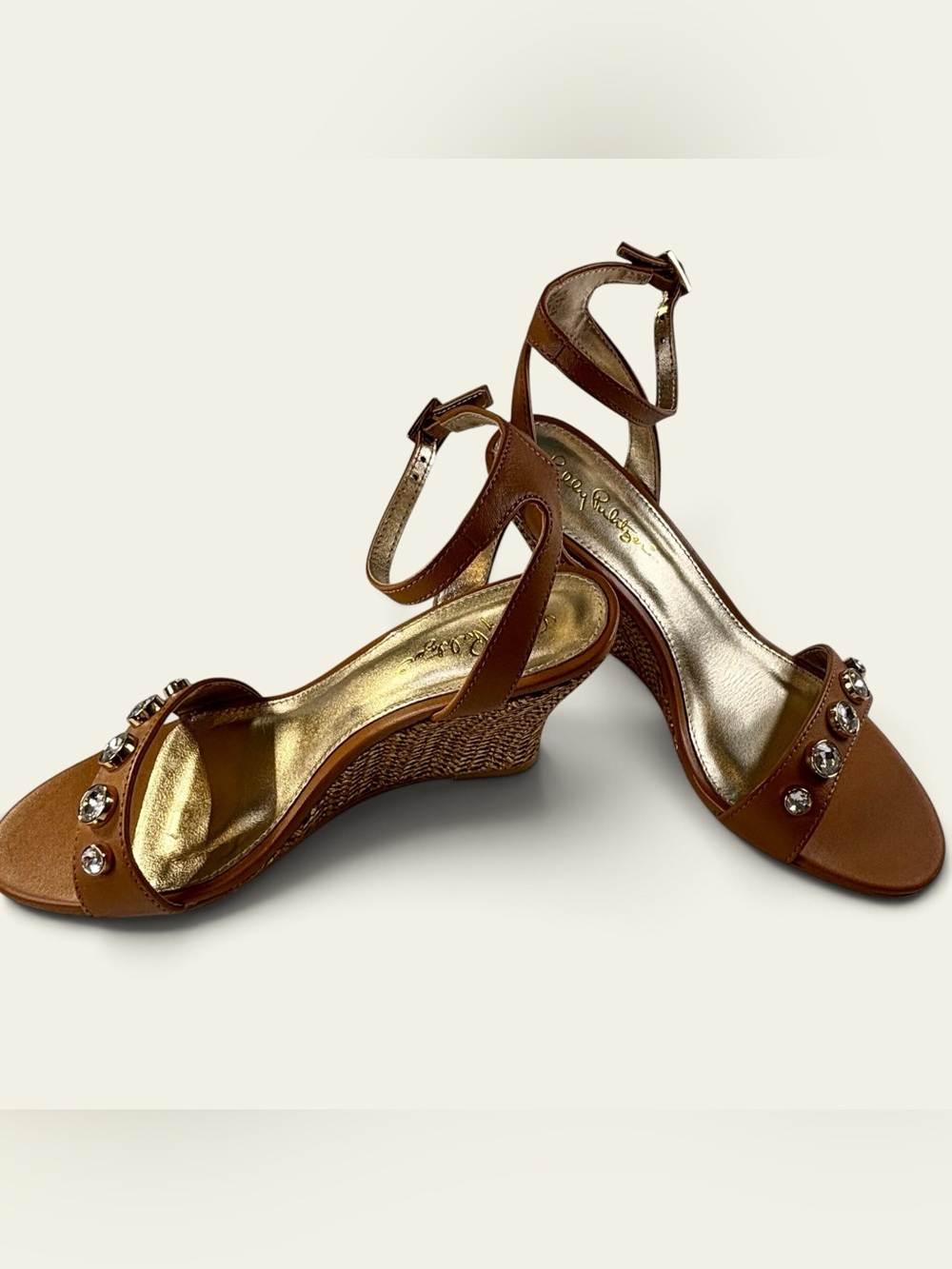 Lilly Pulitzer Brown Jeweled Wedge Sandals Size 8.5 Leather Ankle Strap